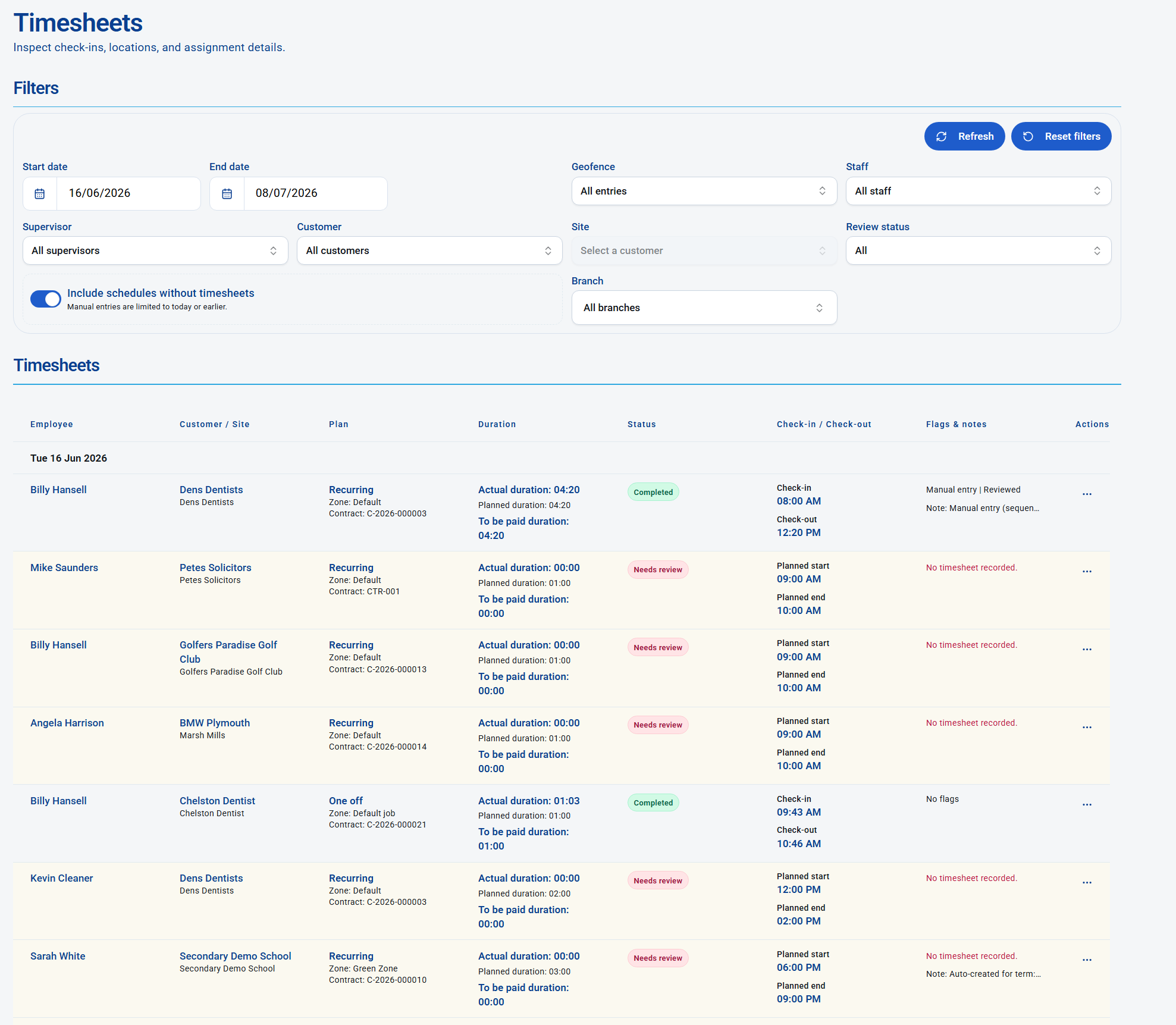 KleanFlo timesheet review showing completed and missing attendance records