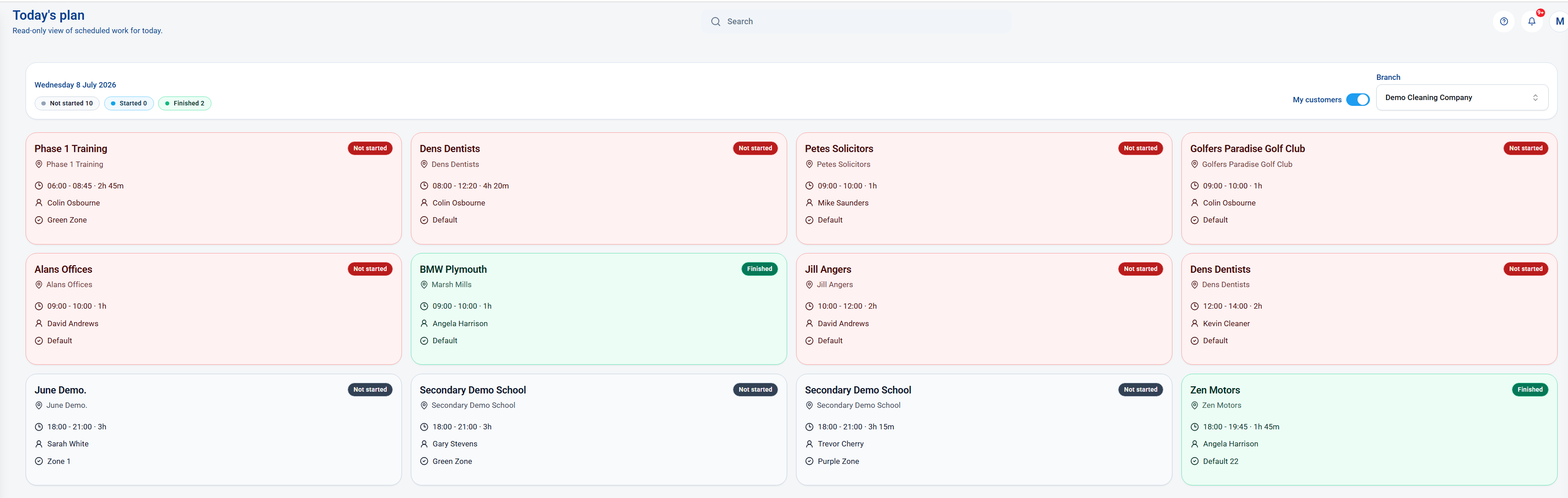 KleanFlo today's plan showing scheduled cleaning jobs and status for the day