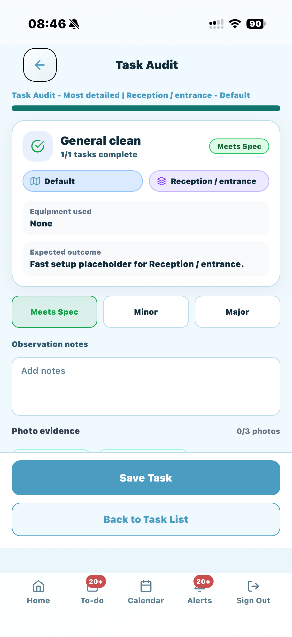 KleanFlo mobile cleaning audit task with scoring, notes and photo evidence