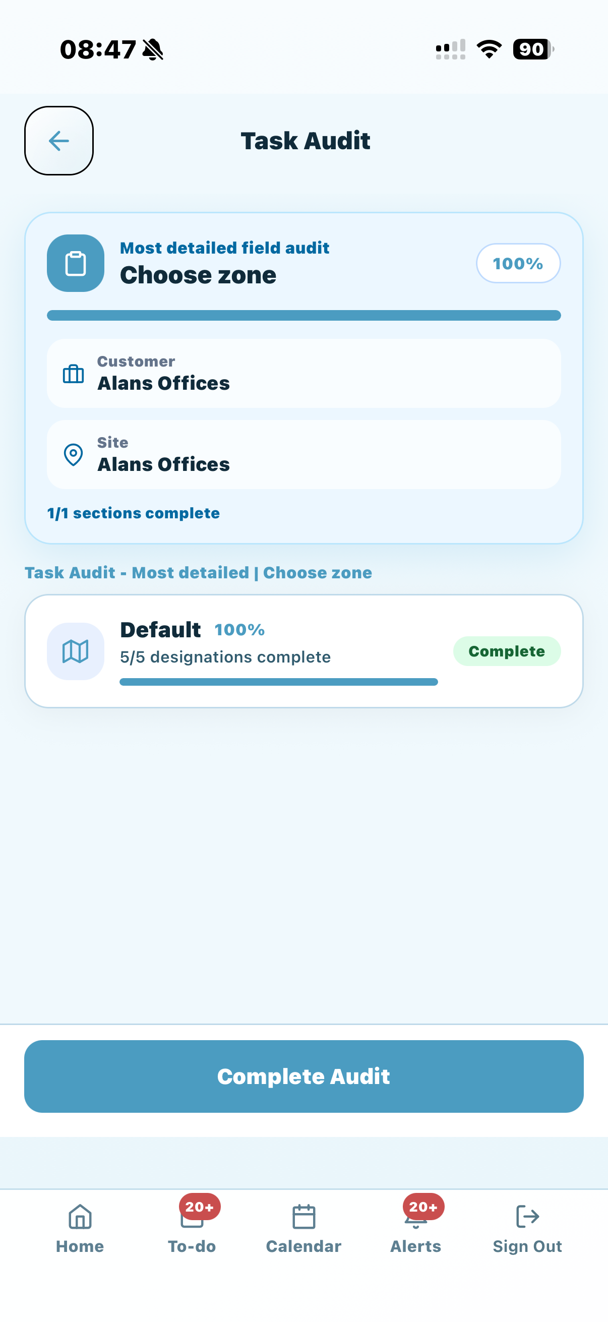 KleanFlo mobile task audit choose zone screen