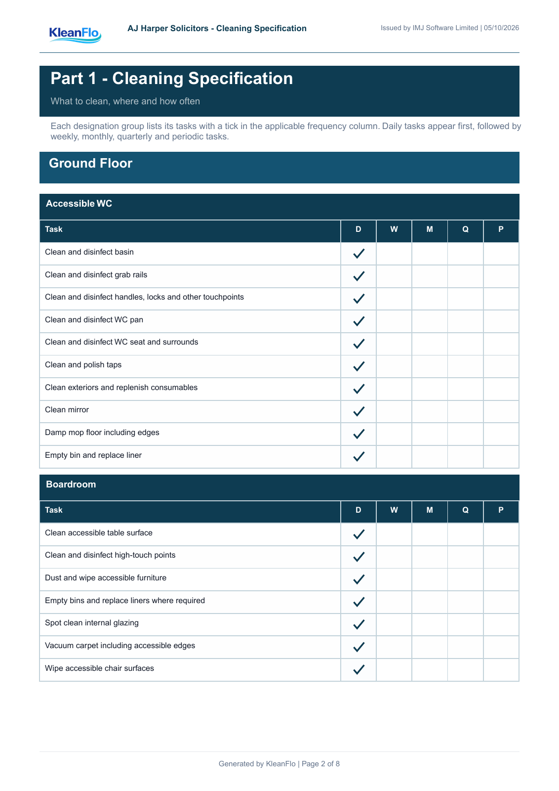Page two of the PDF showing Accessible WC and Boardroom cleaning tasks with daily frequency ticks