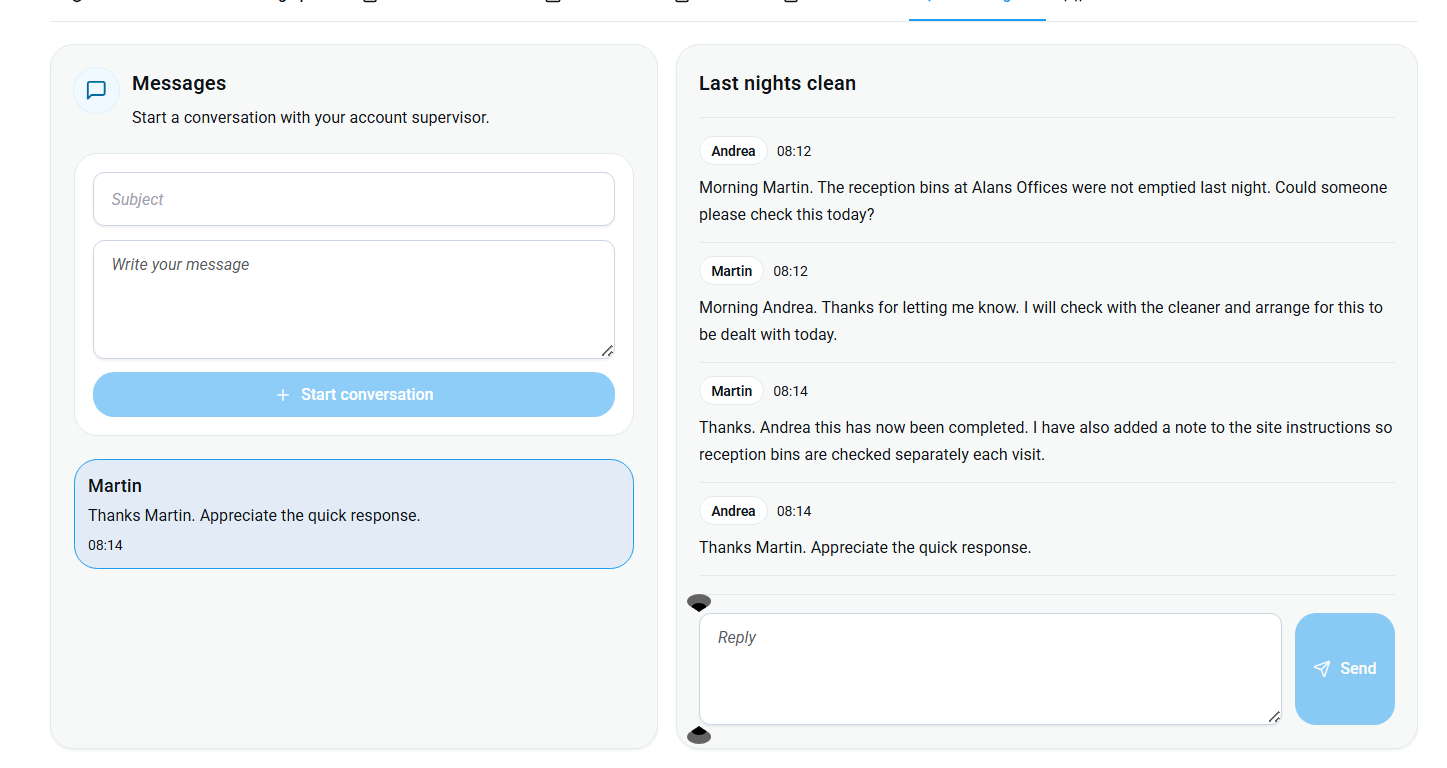 KleanFlo customer portal conversation with service issue follow-up
