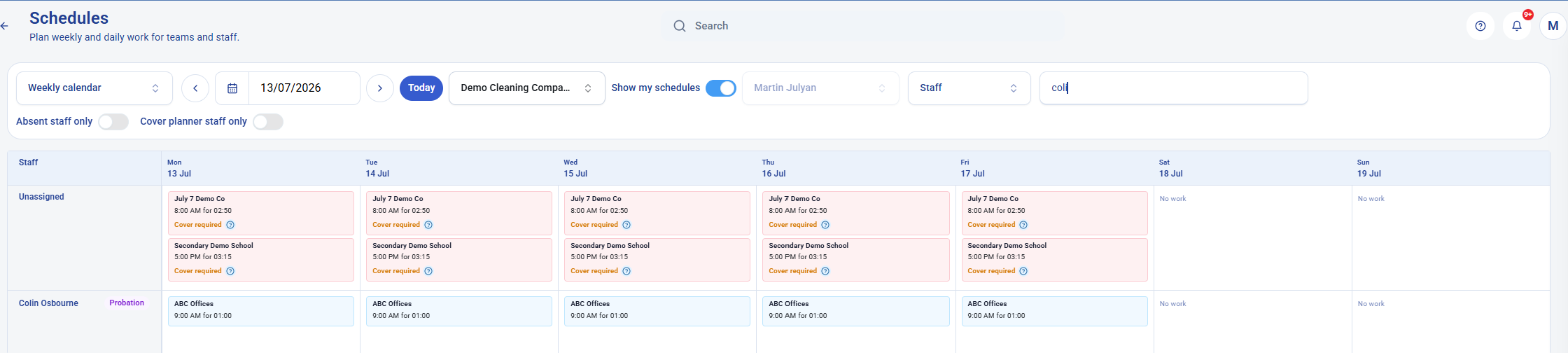 KleanFlo schedule created after fast existing contract setup showing weekly planned work for staff