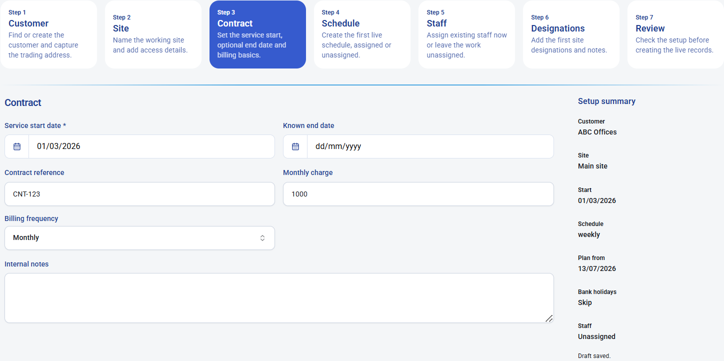 KleanFlo setup step three contract start date reference and billing details