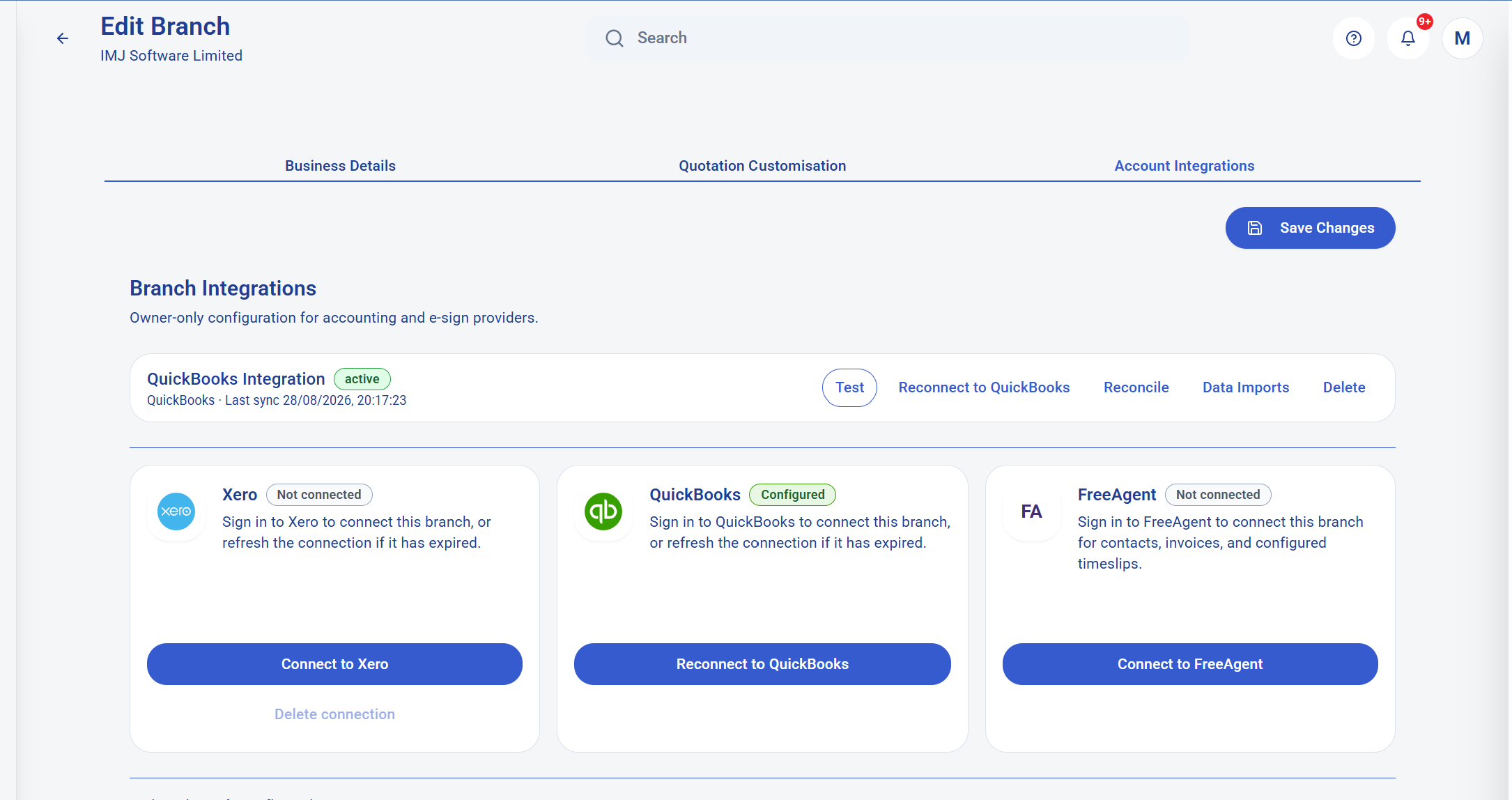 KleanFlo branch integrations screen showing Xero, QuickBooks and FreeAgent account integrations