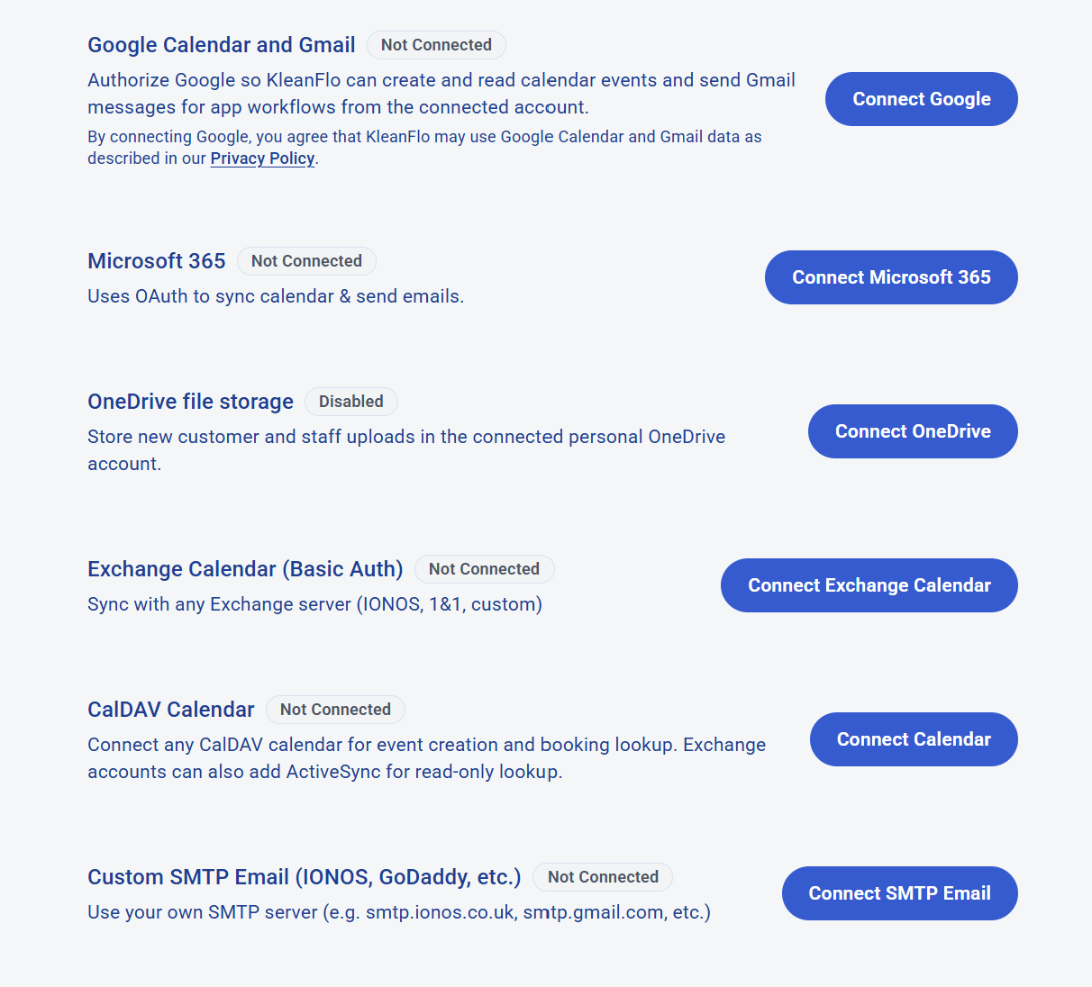 KleanFlo settings screen showing Google Calendar and Gmail, Microsoft 365, OneDrive, Exchange Calendar, CalDAV and SMTP connections