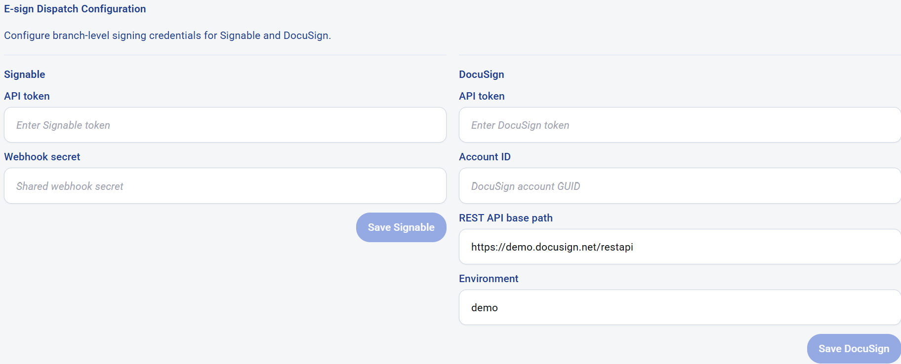 KleanFlo e-sign dispatch configuration for Signable and DocuSign credentials