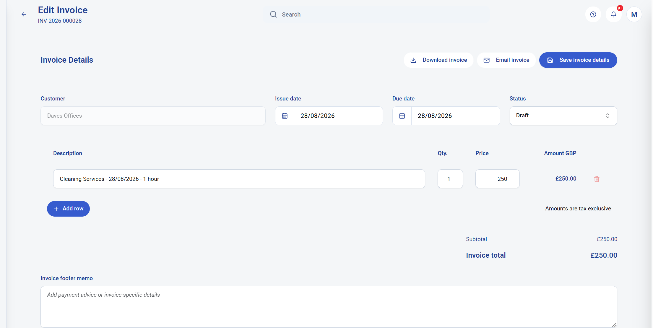 KleanFlo invoice screen showing a one-off cleaning services invoice for Daves Offices