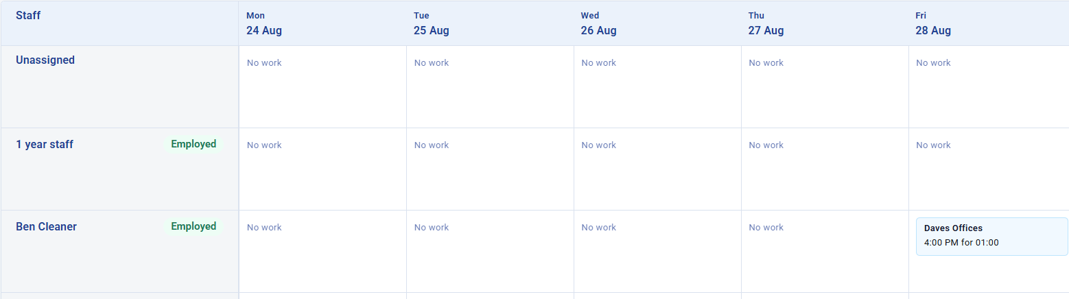KleanFlo scheduler showing a one-off job assigned to Ben Cleaner at Daves Offices