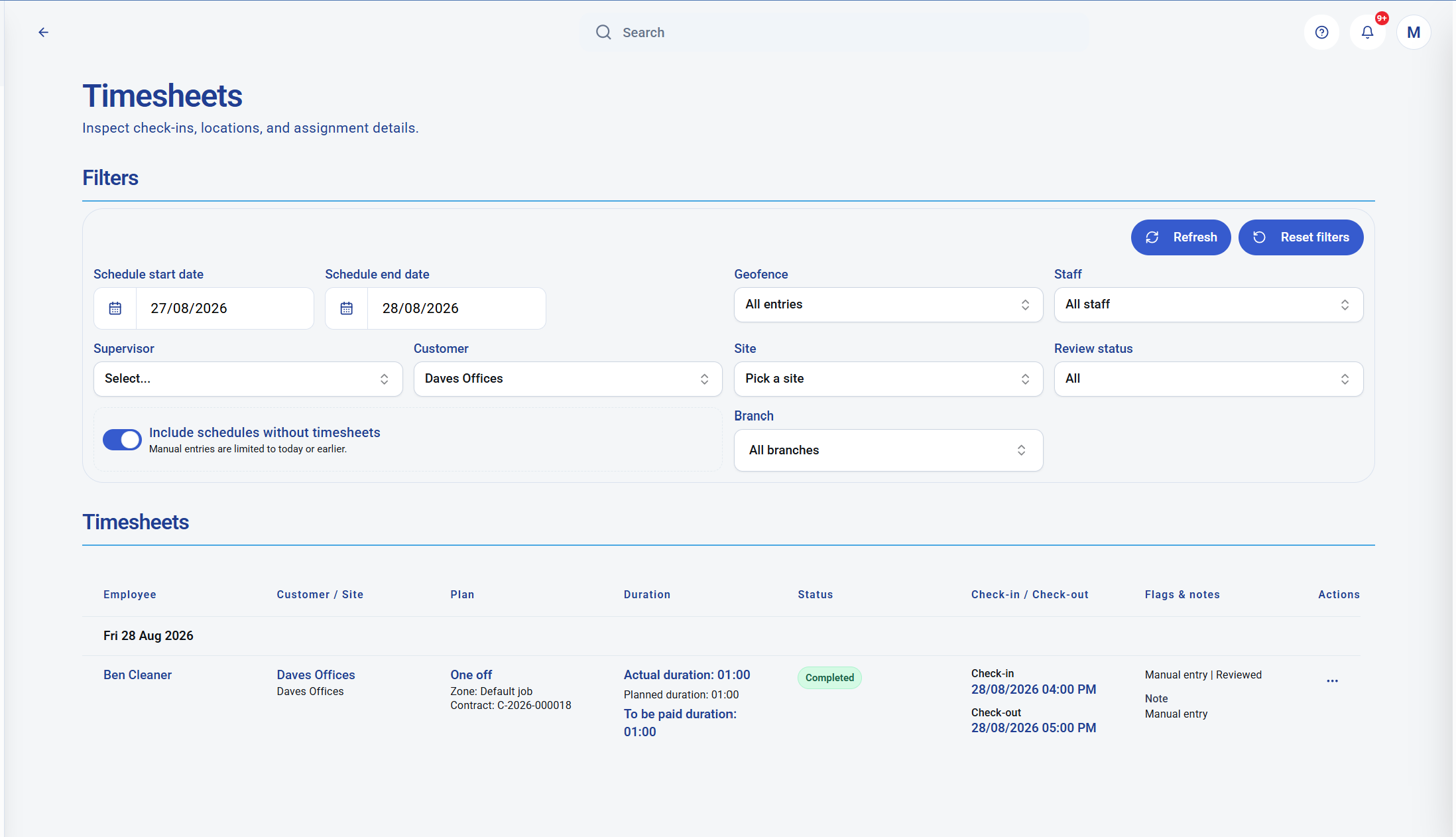 KleanFlo timesheets screen showing a completed one-off job with check-in, check-out, duration and reviewed status