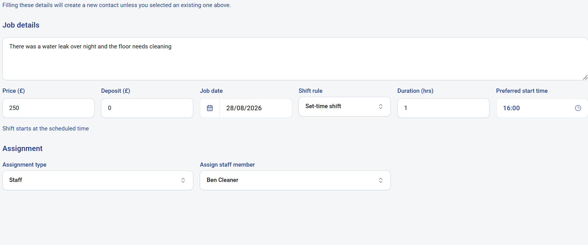 KleanFlo one-off job wizard showing job description, price, deposit, job date, duration, start time and staff assignment