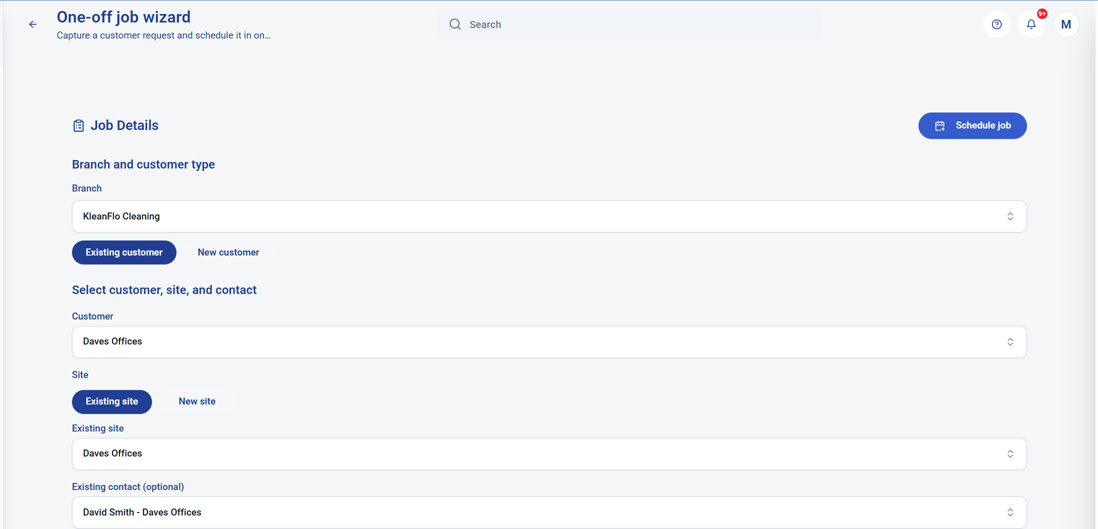 KleanFlo one-off job wizard showing existing customer, site and contact selection