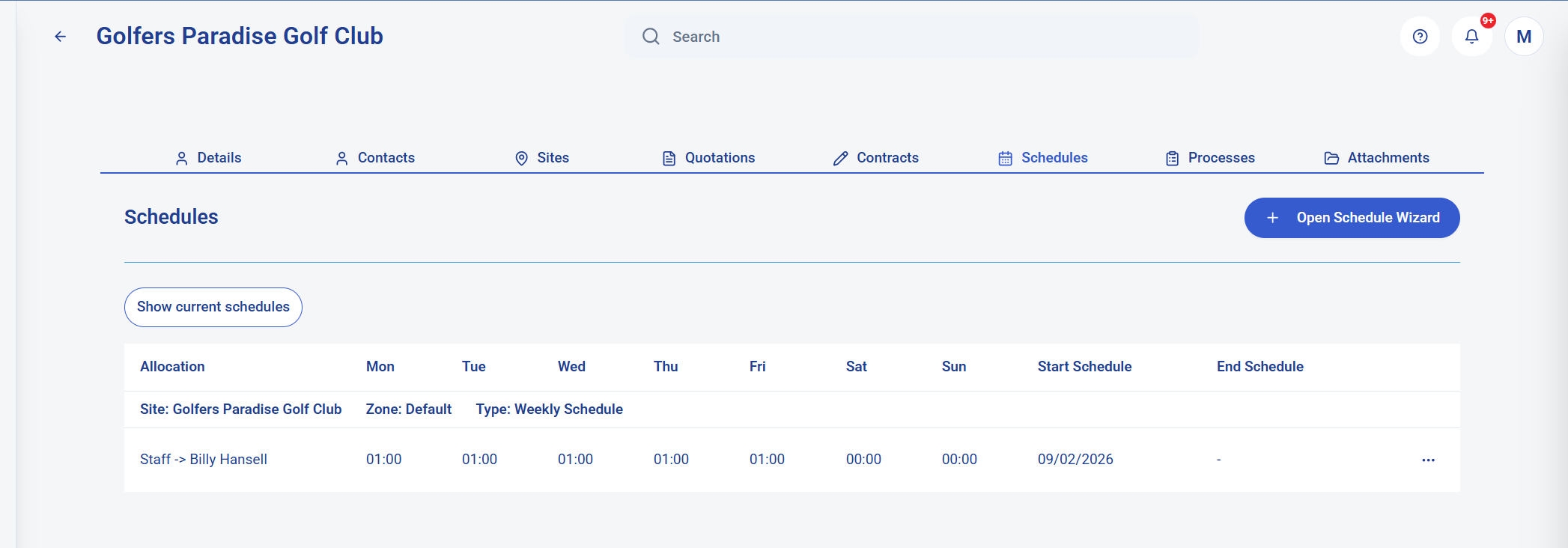 KleanFlo customer record showing schedules for a customer site