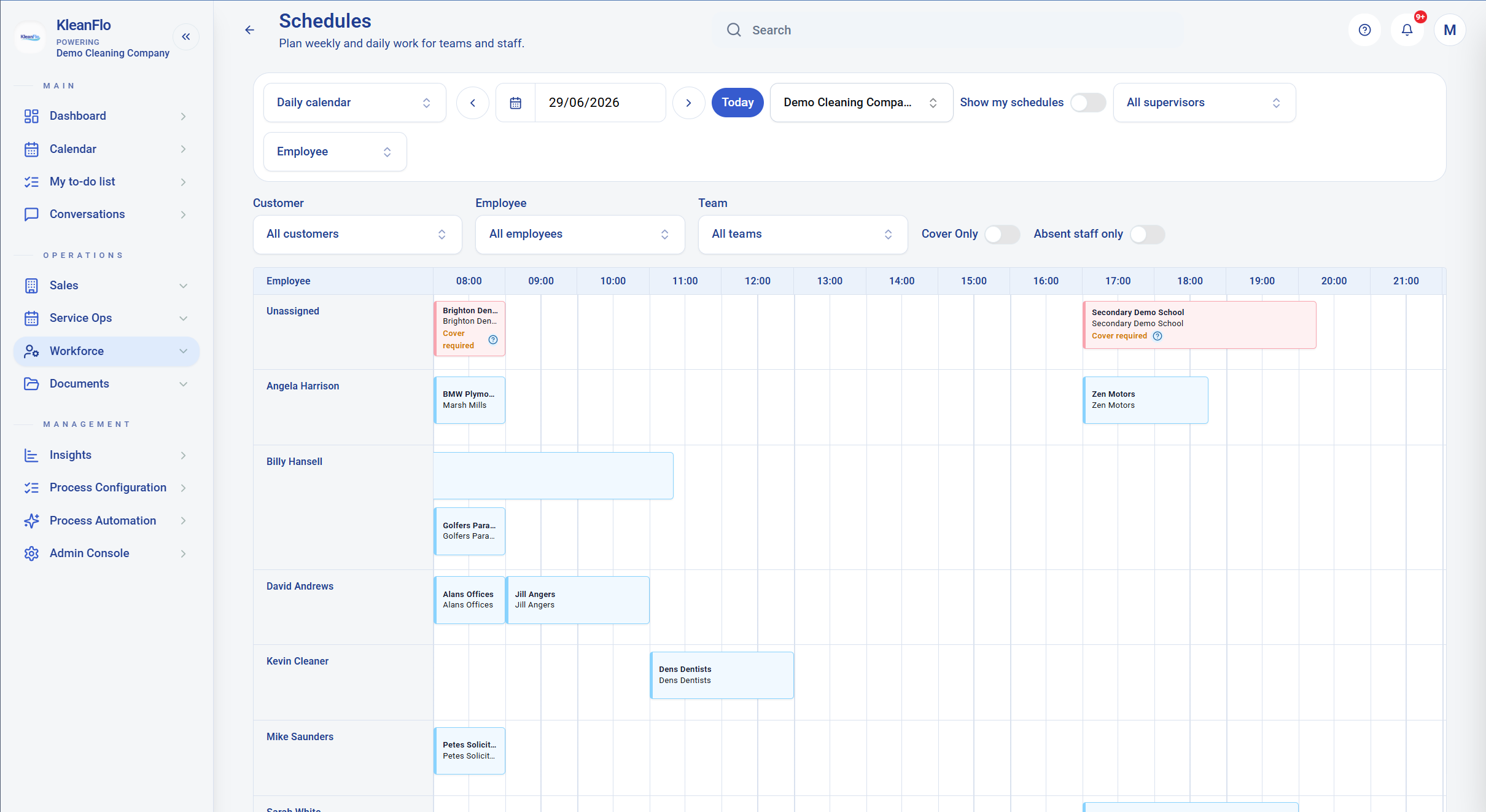 KleanFlo daily schedule view for cleaning cover planning