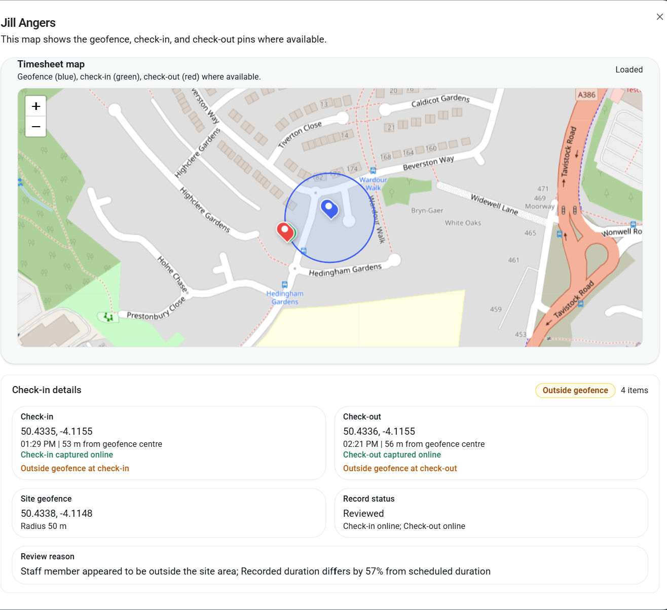 KleanFlo timesheet map showing geofence, check-in pin, check-out pin and review reason