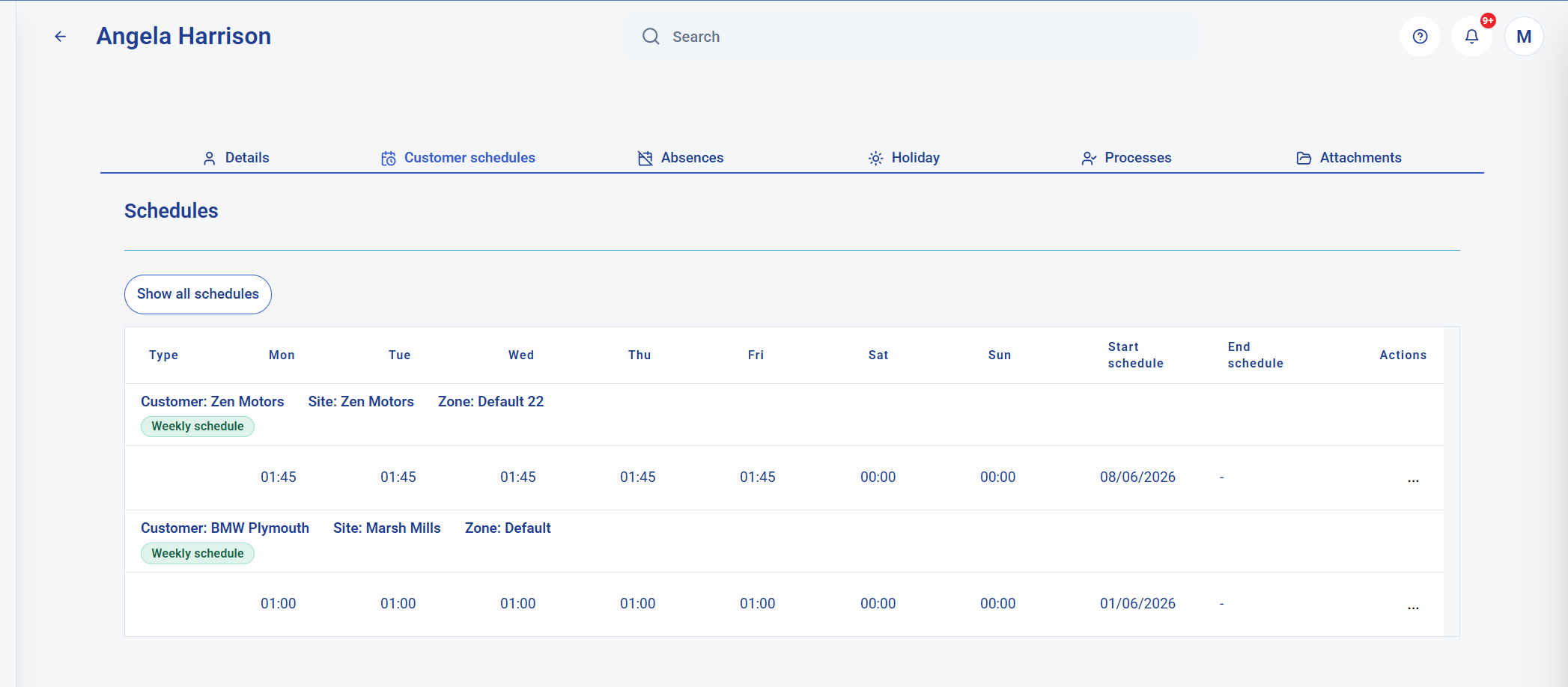 KleanFlo staff record showing customer schedules assigned to an employee