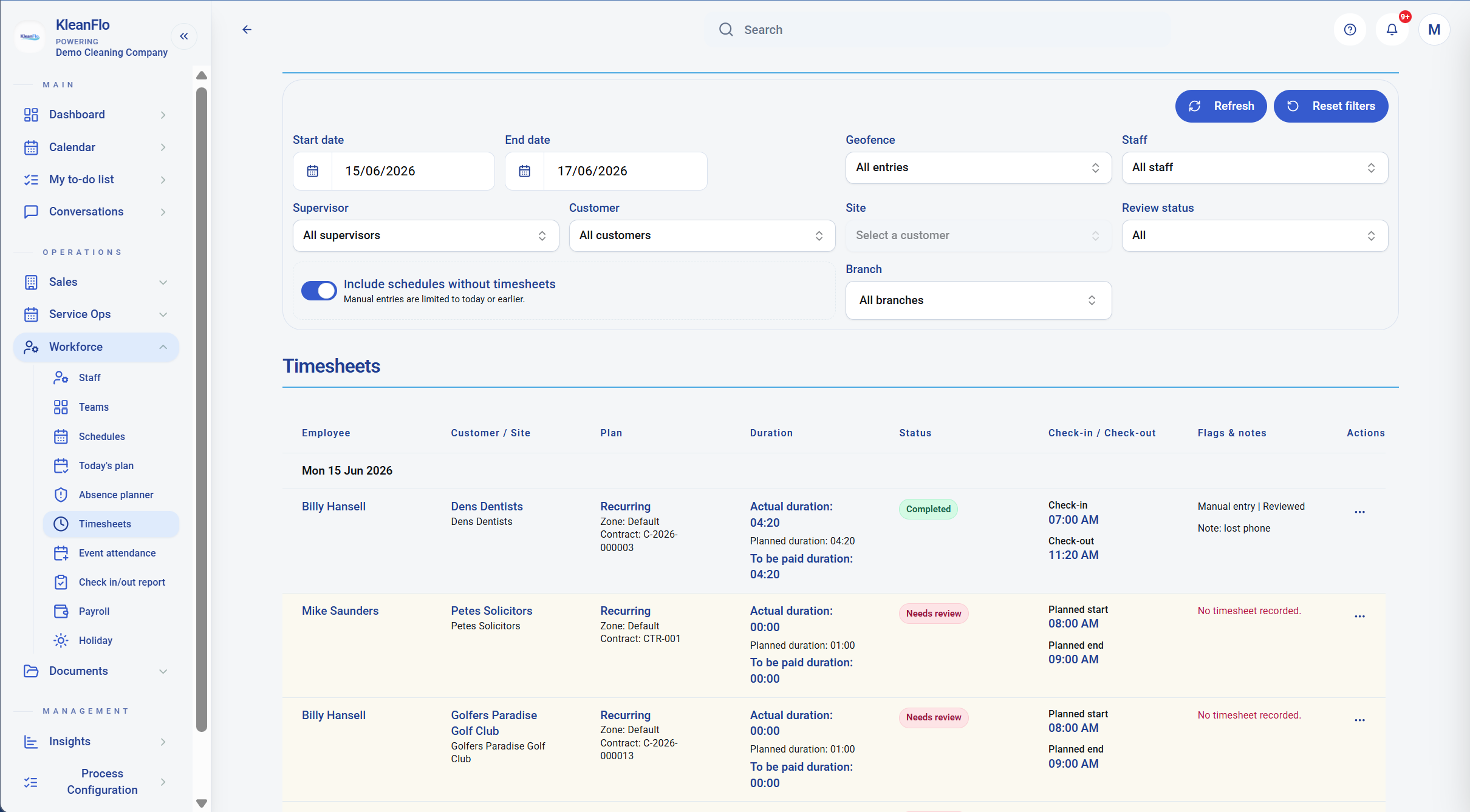 KleanFlo timesheet review showing planned duration, actual duration, payable duration and missing timesheets