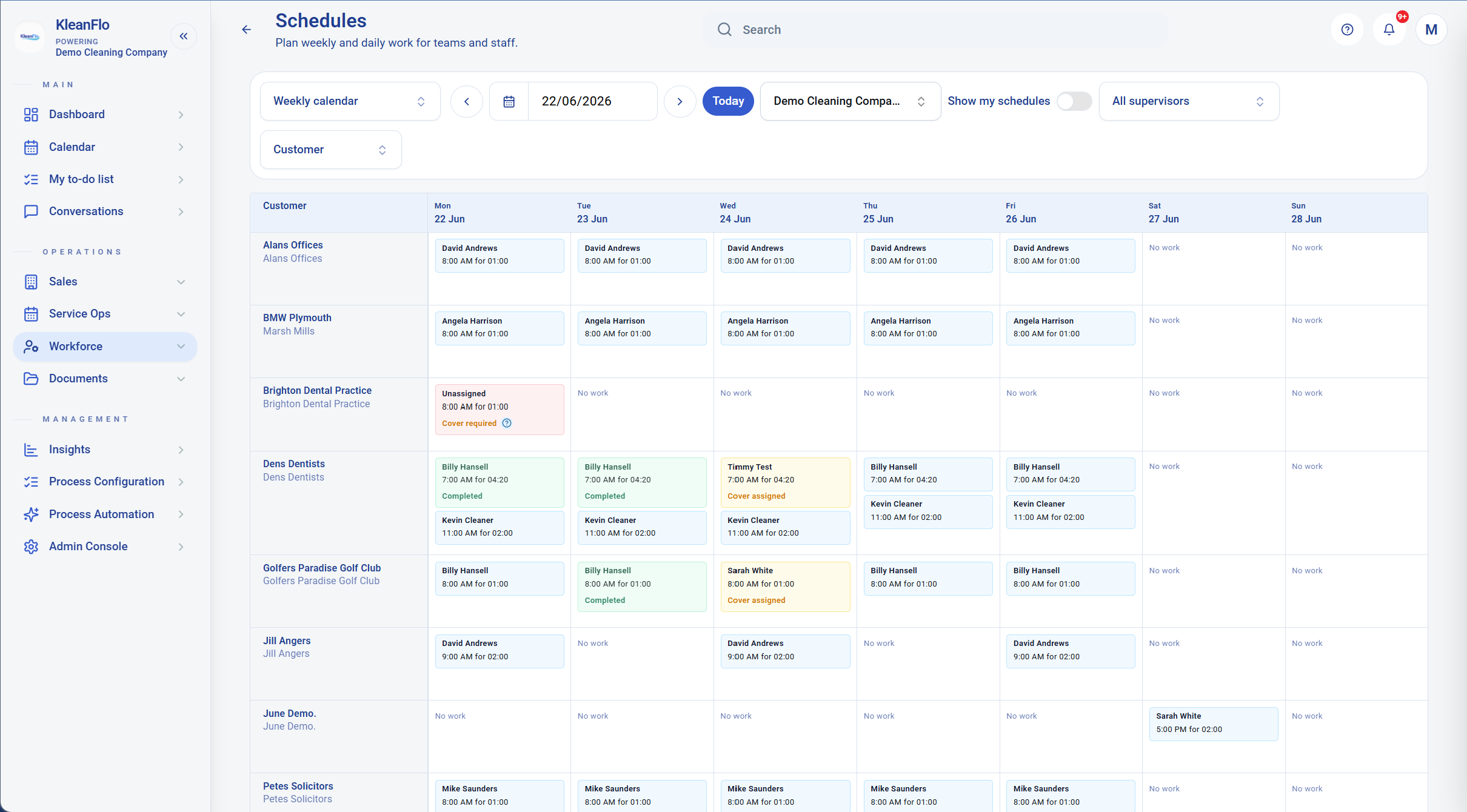 KleanFlo weekly customer scheduling view for planned cleaning work across sites