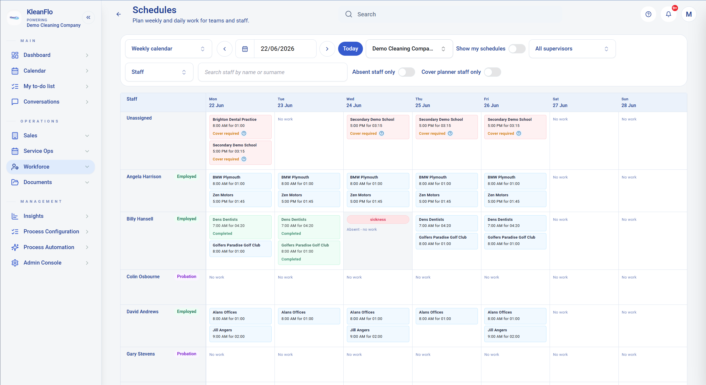 KleanFlo weekly staff schedule showing planned cleaning work by employee