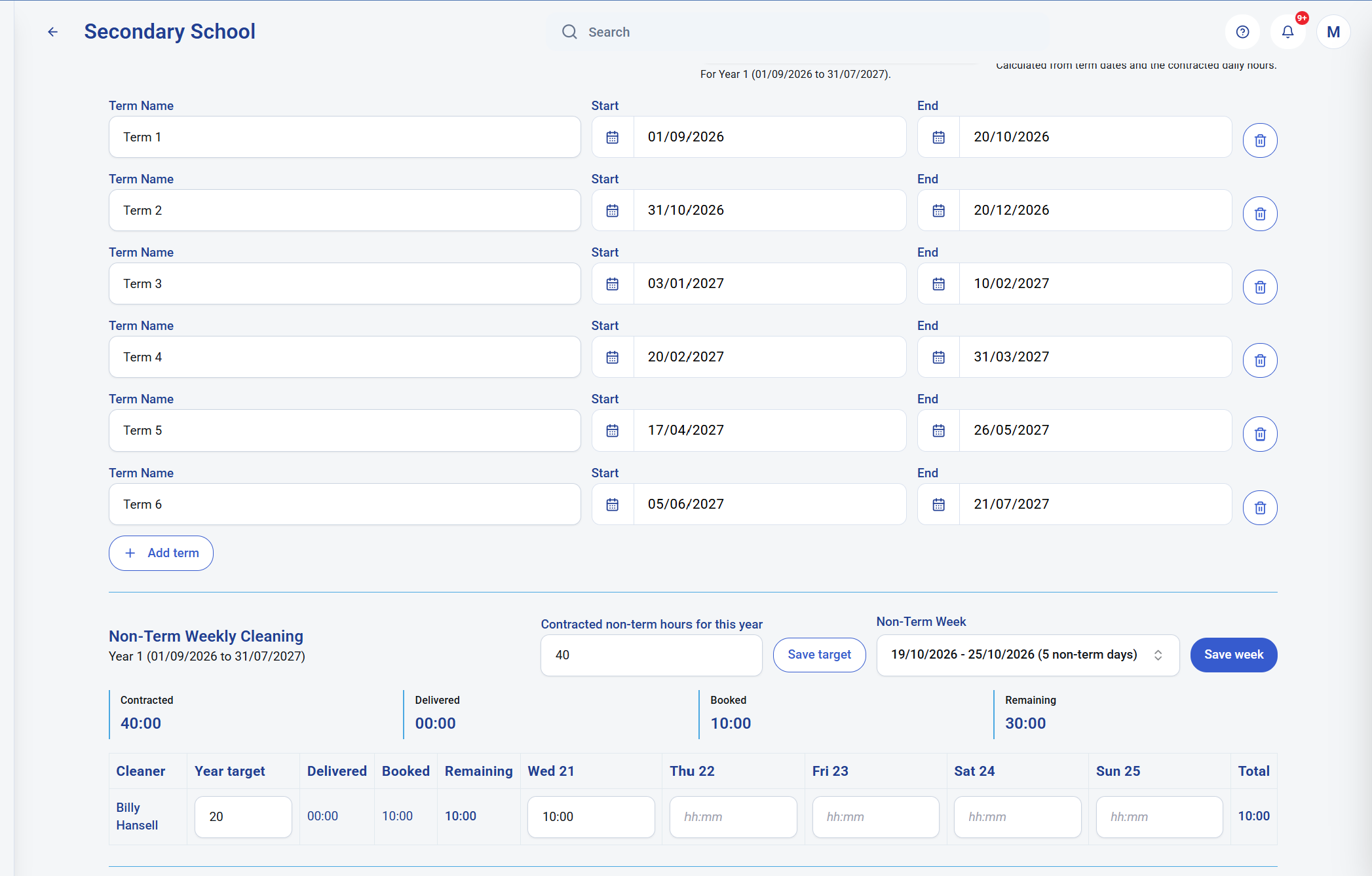 KleanFlo customer schedule page booking non-term school cleaning hours