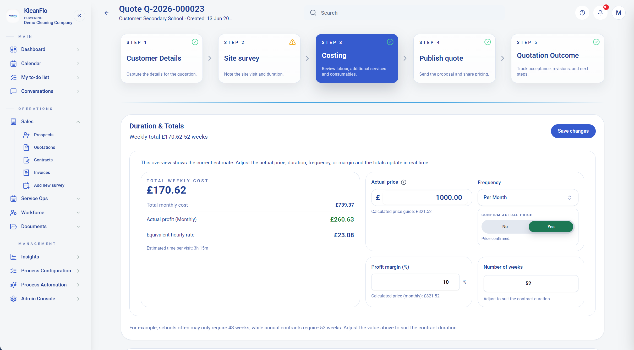 KleanFlo school cleaning quote costing screen with weekly cost, actual price, margin and contract duration