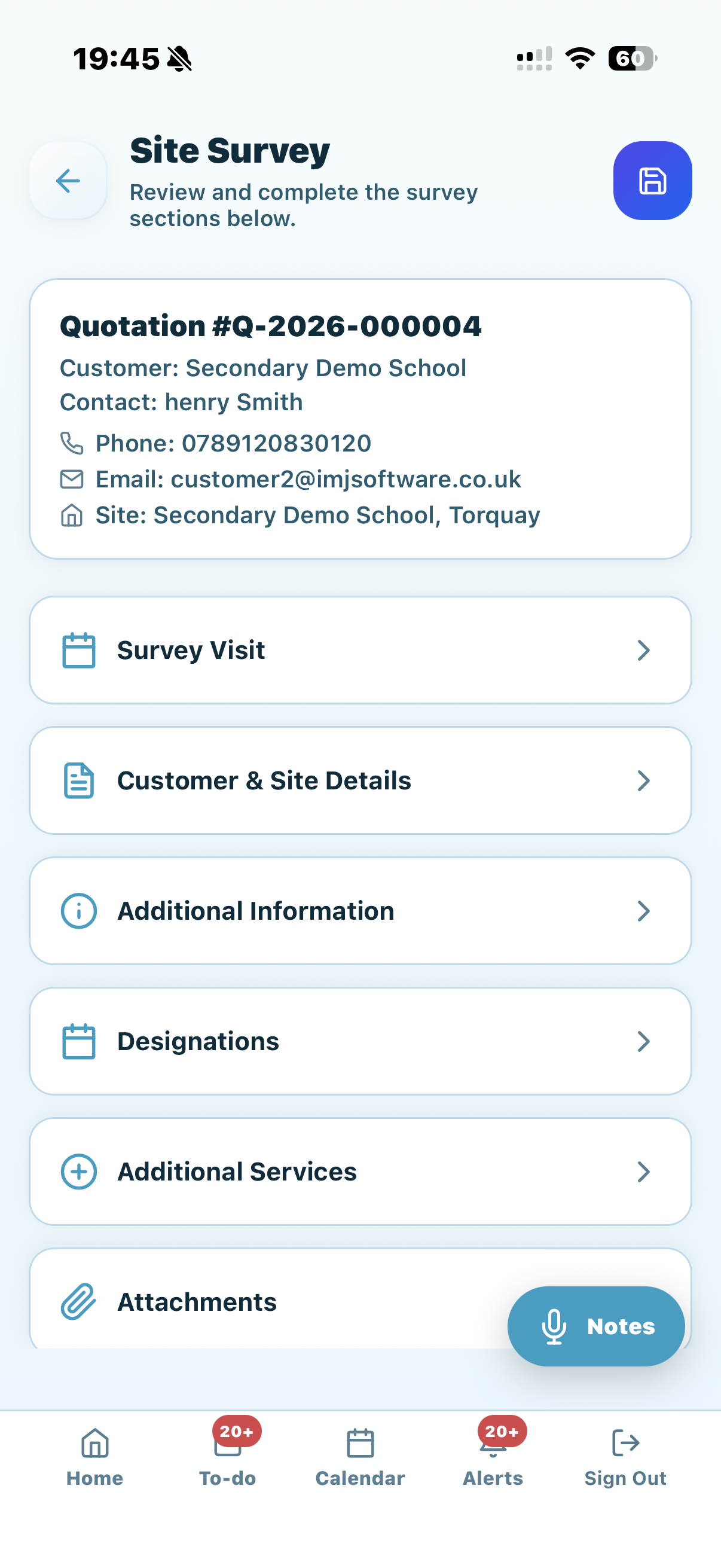 KleanFlo On the Move site survey screen on mobile