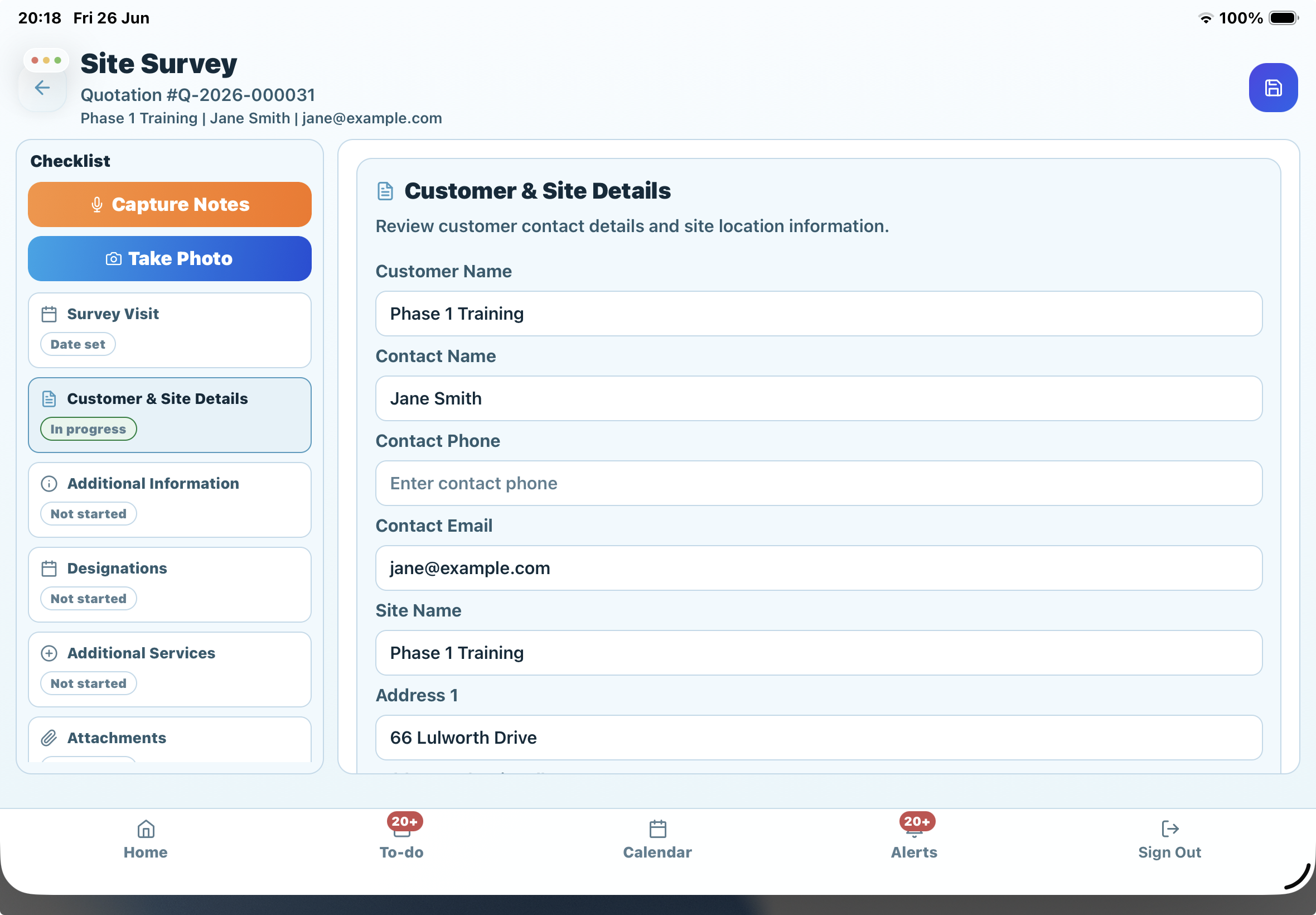 KleanFlo On the Move tablet site survey showing customer and site details