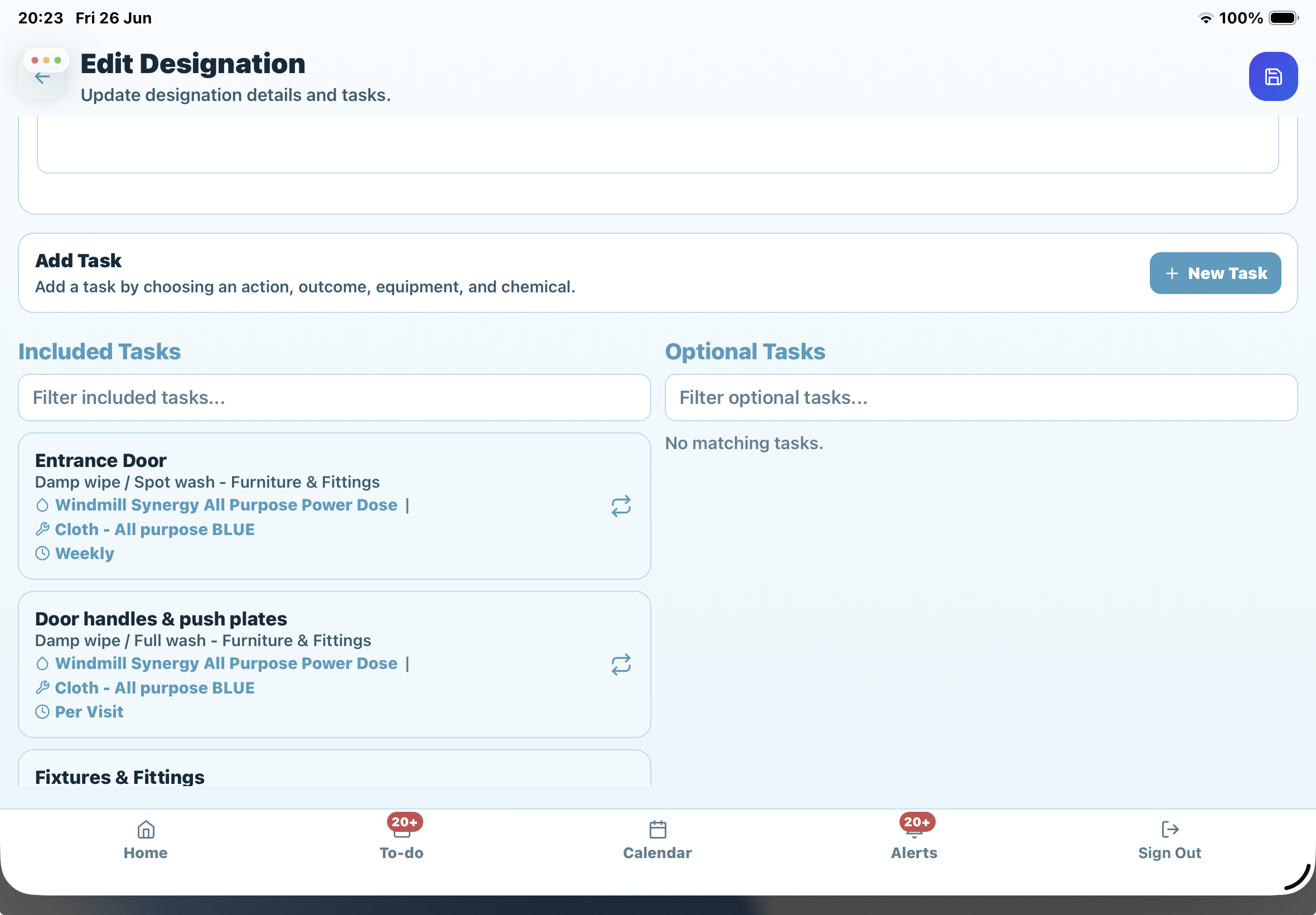 KleanFlo On the Move tablet edit designation screen showing included tasks