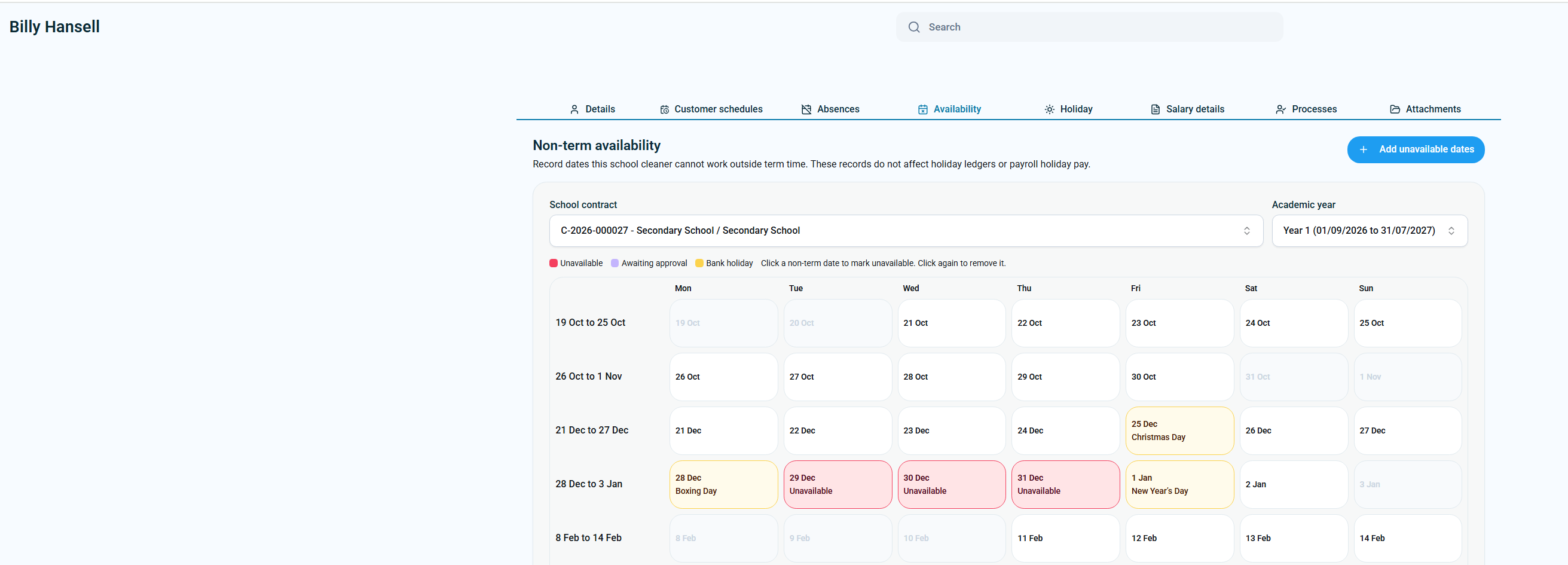KleanFlo staff non-term availability calendar