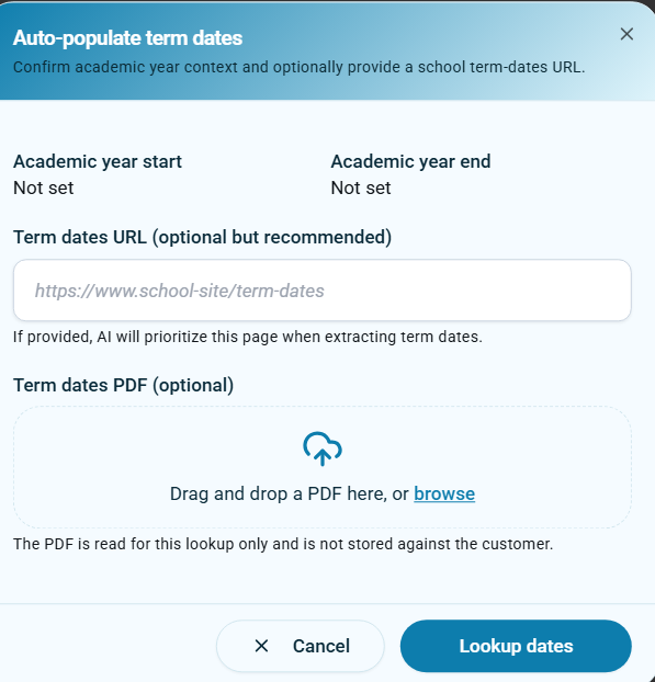 KleanFlo school term date import from a website URL