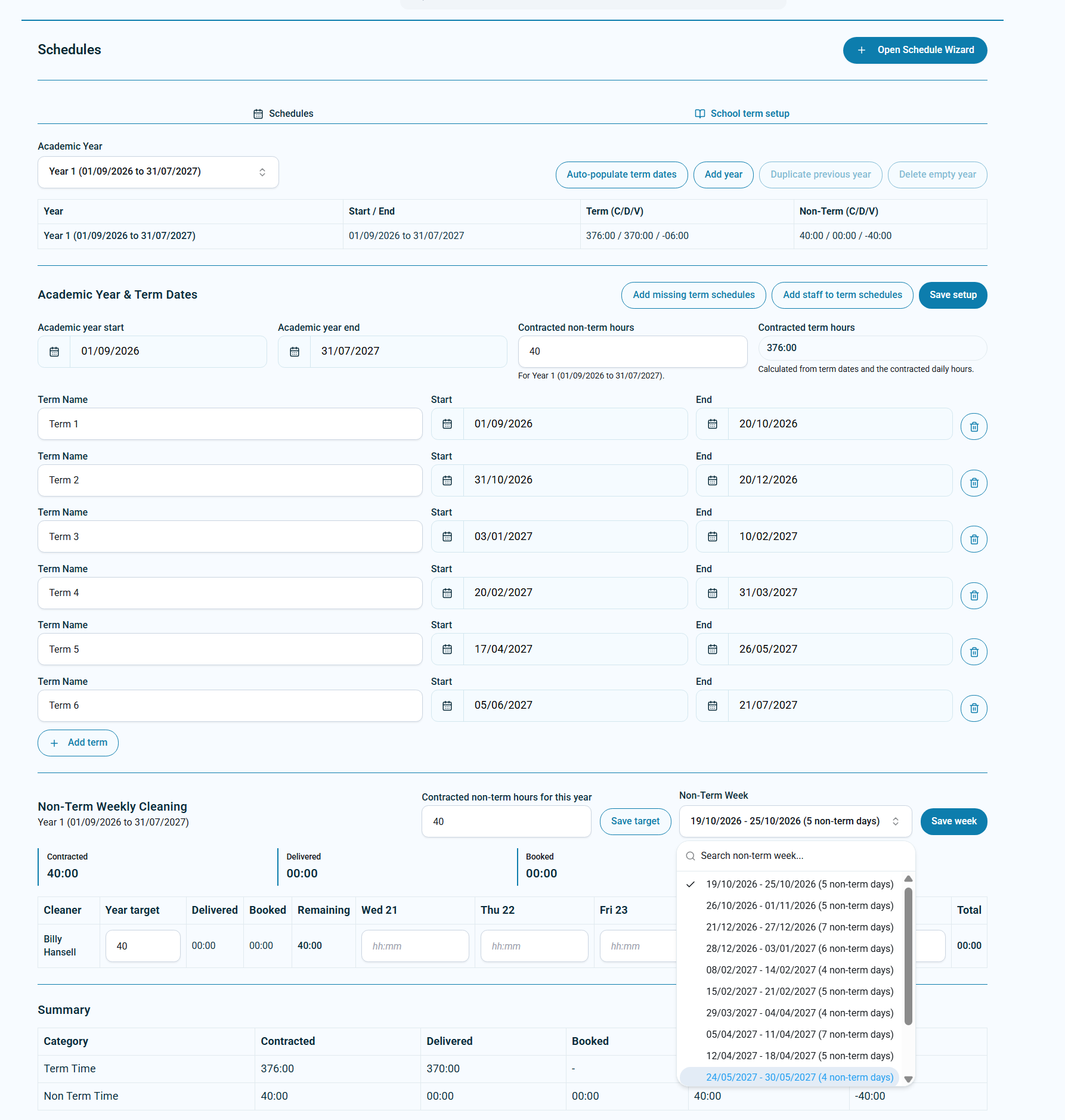 KleanFlo non-term school cleaning hours planner