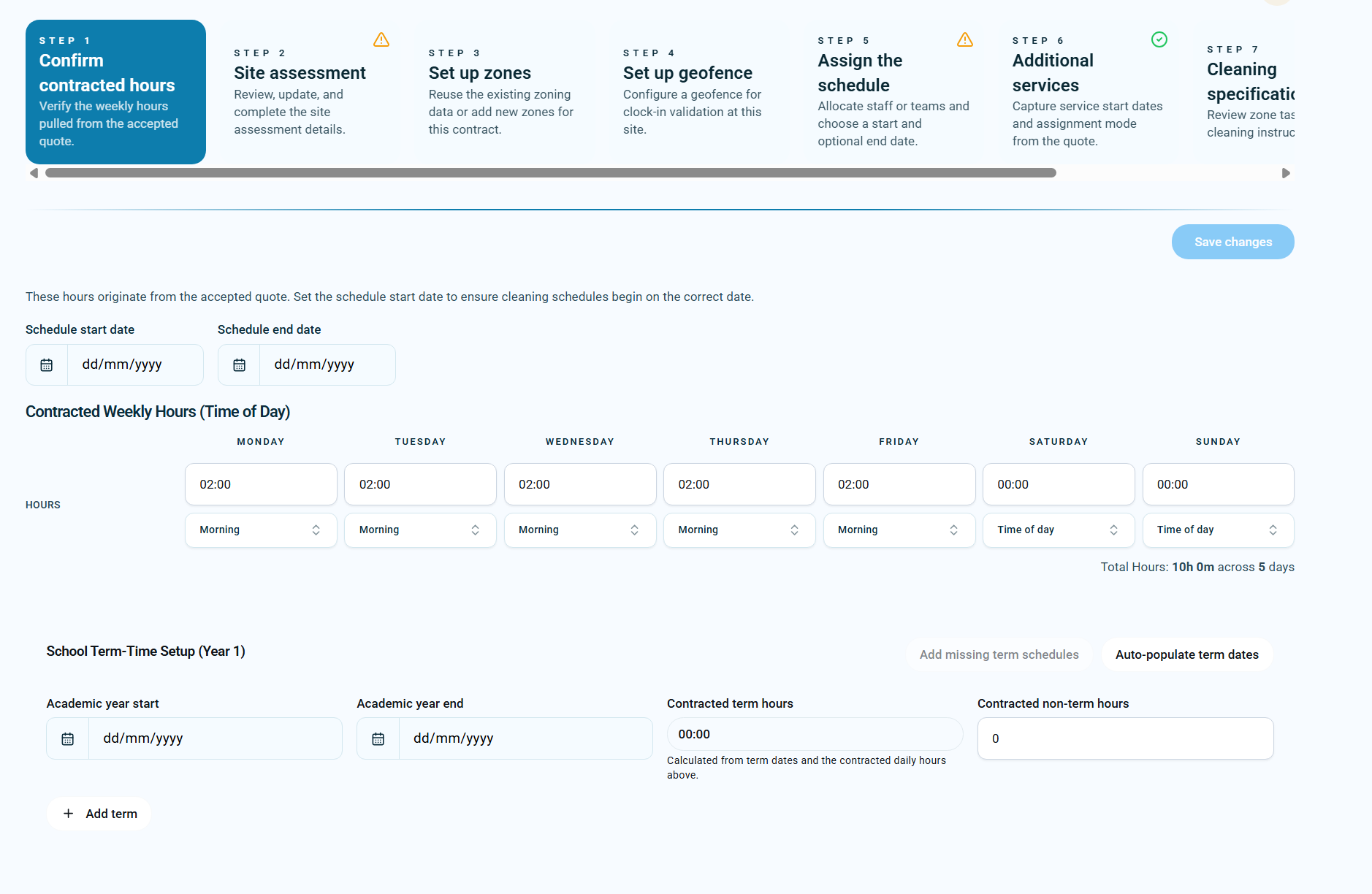KleanFlo schedule wizard school term-time setup before term dates are populated