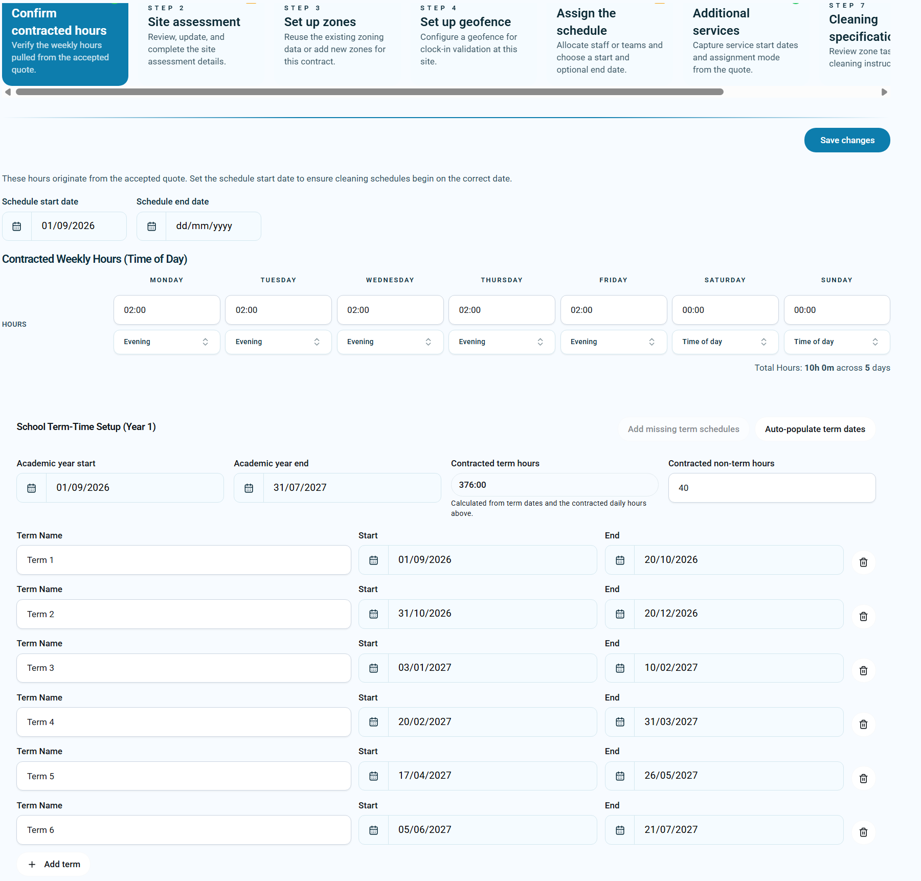 KleanFlo school term dates and schedule setup