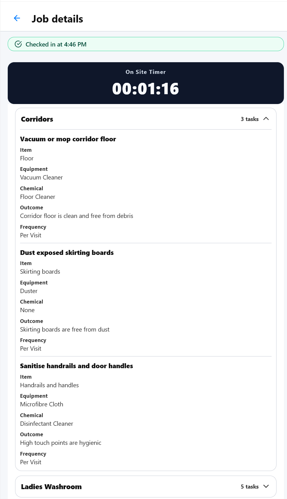 KleanFlo Staff cleaning specification screen