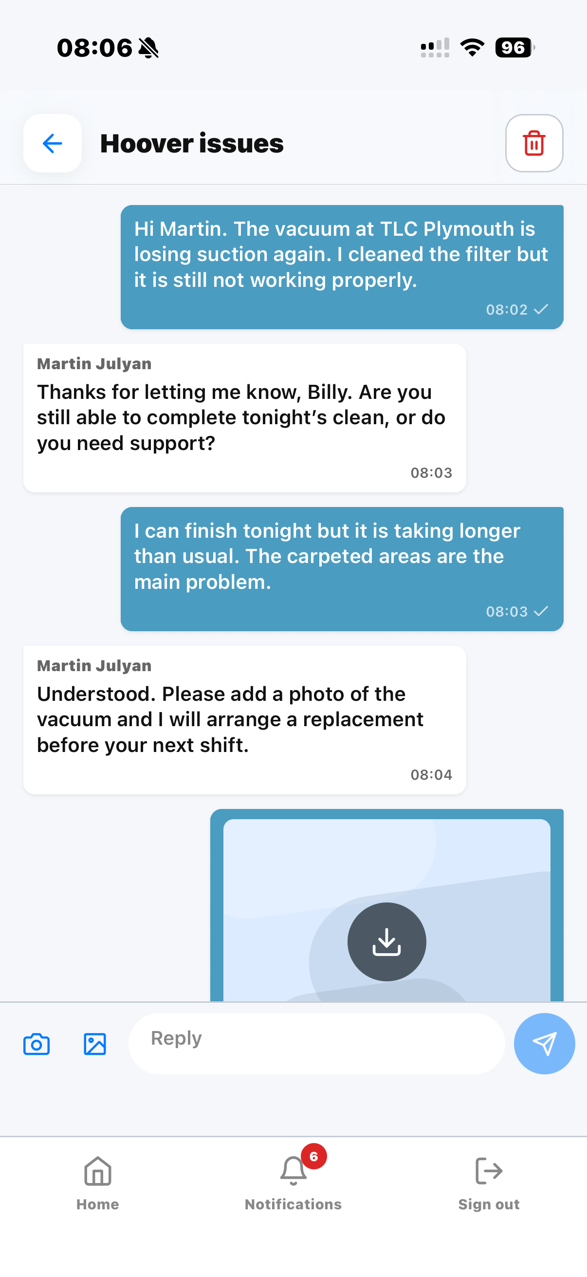 KleanFlo Staff app conversation about a vacuum equipment issue