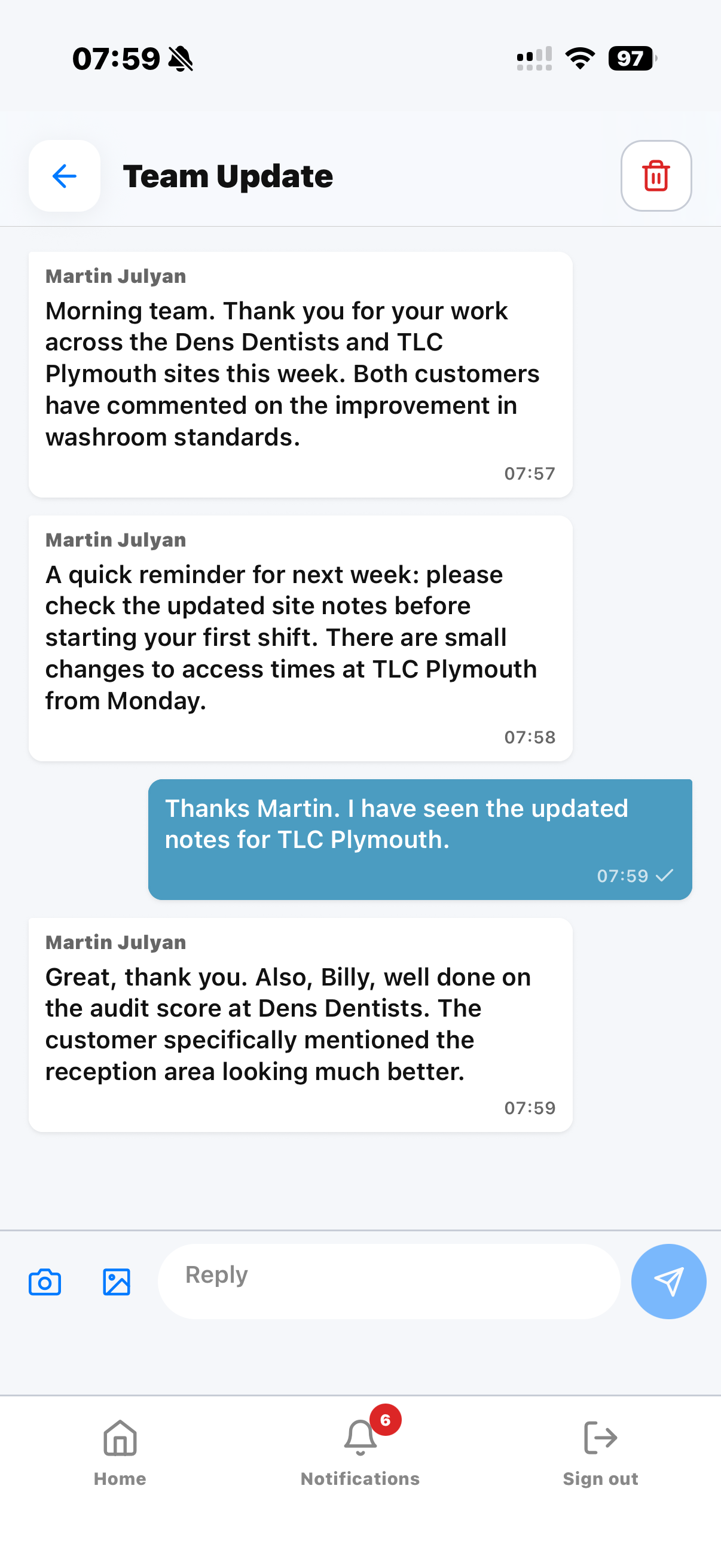 KleanFlo Staff app conversation showing a team update and recognition message