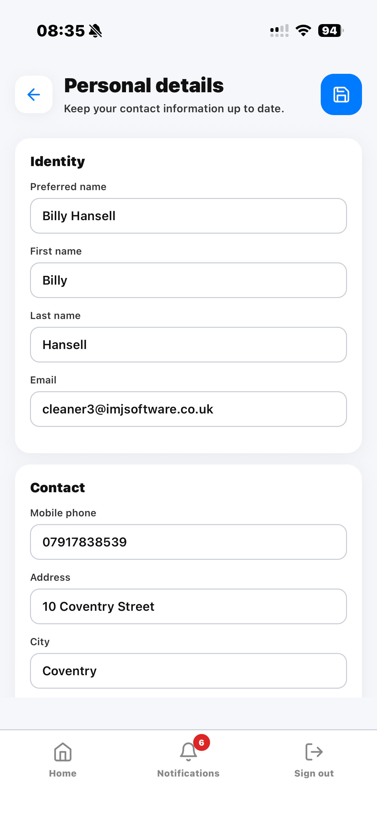 Personal details in KleanFlo Staff