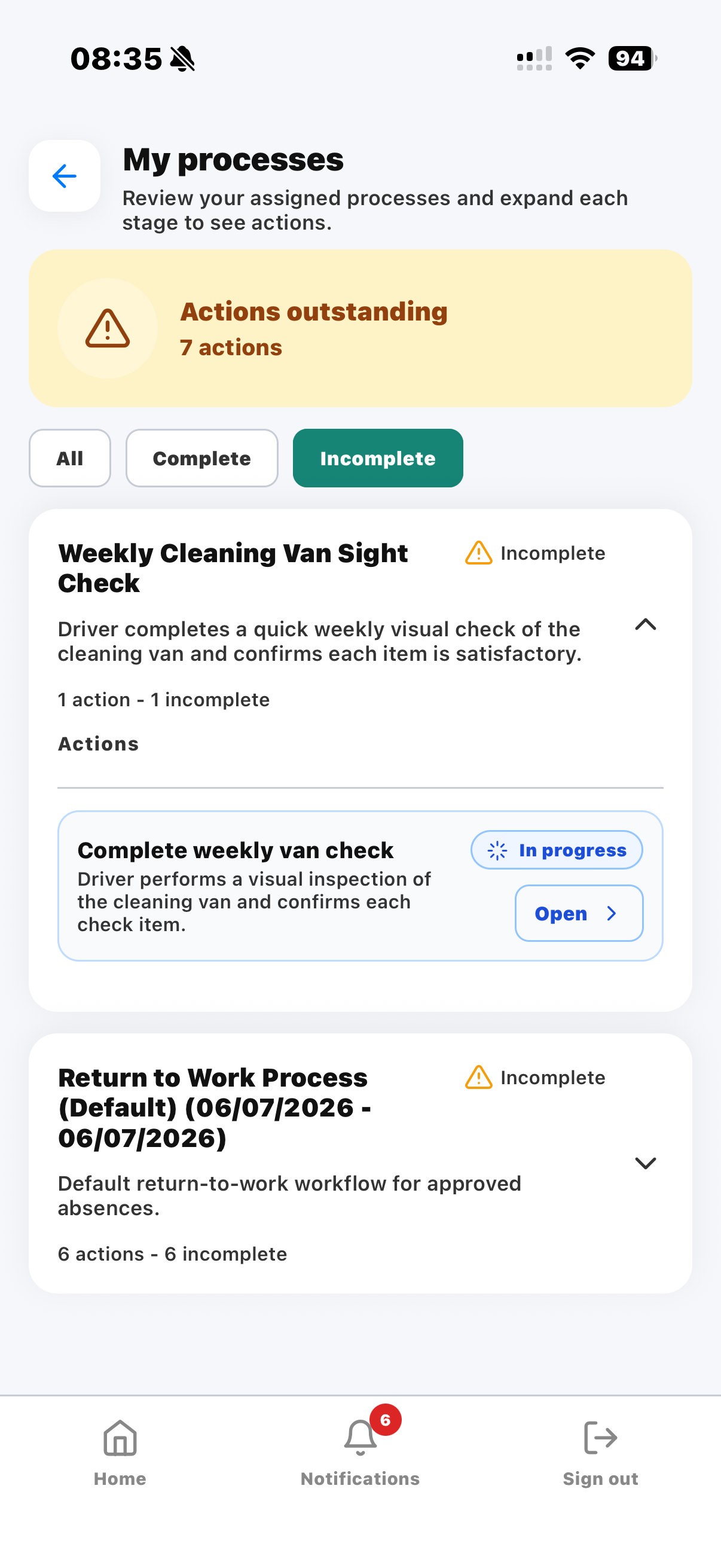 Process actions assigned to a cleaning employee in KleanFlo Staff