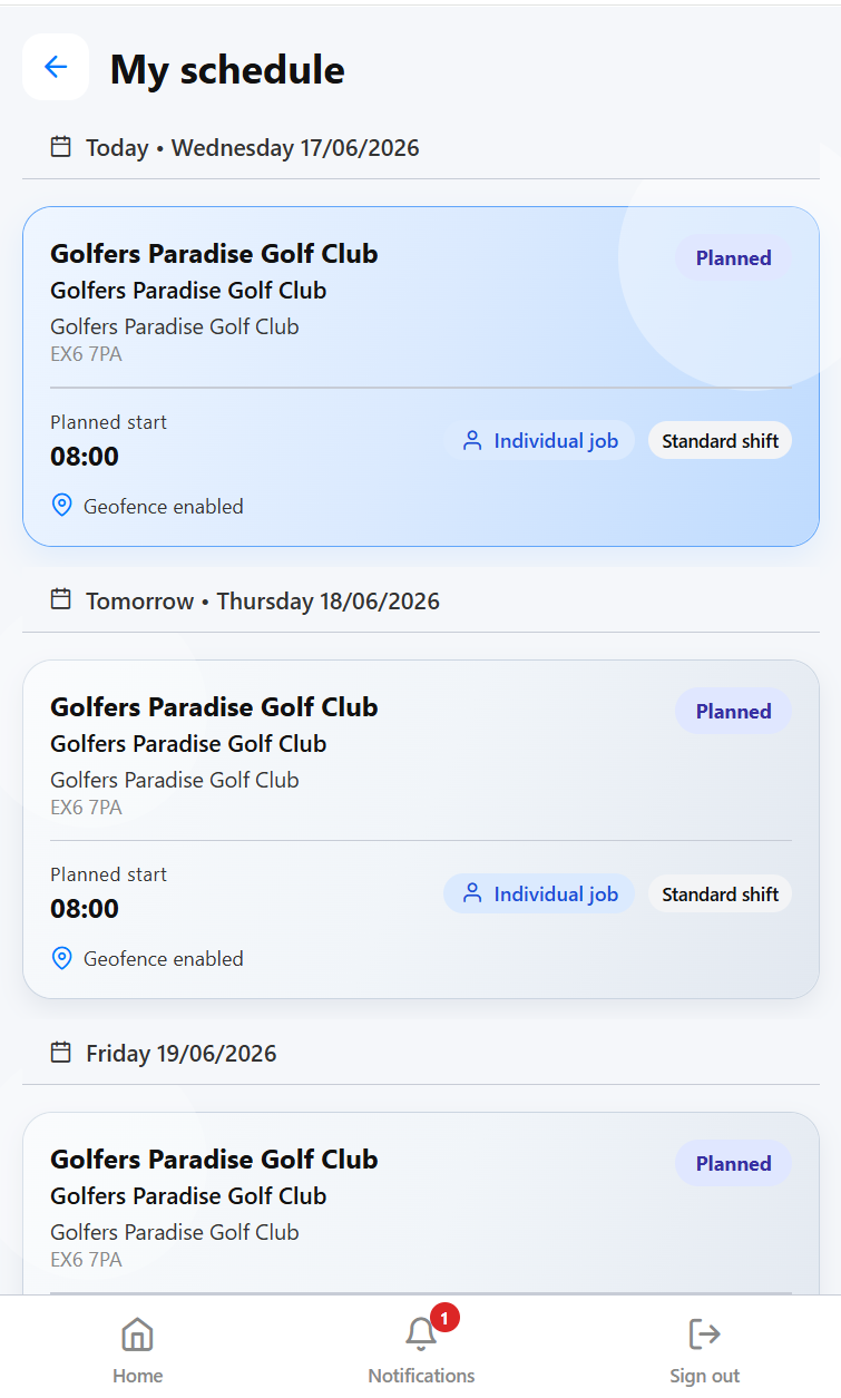 KleanFlo staff mobile app showing school cleaning schedule