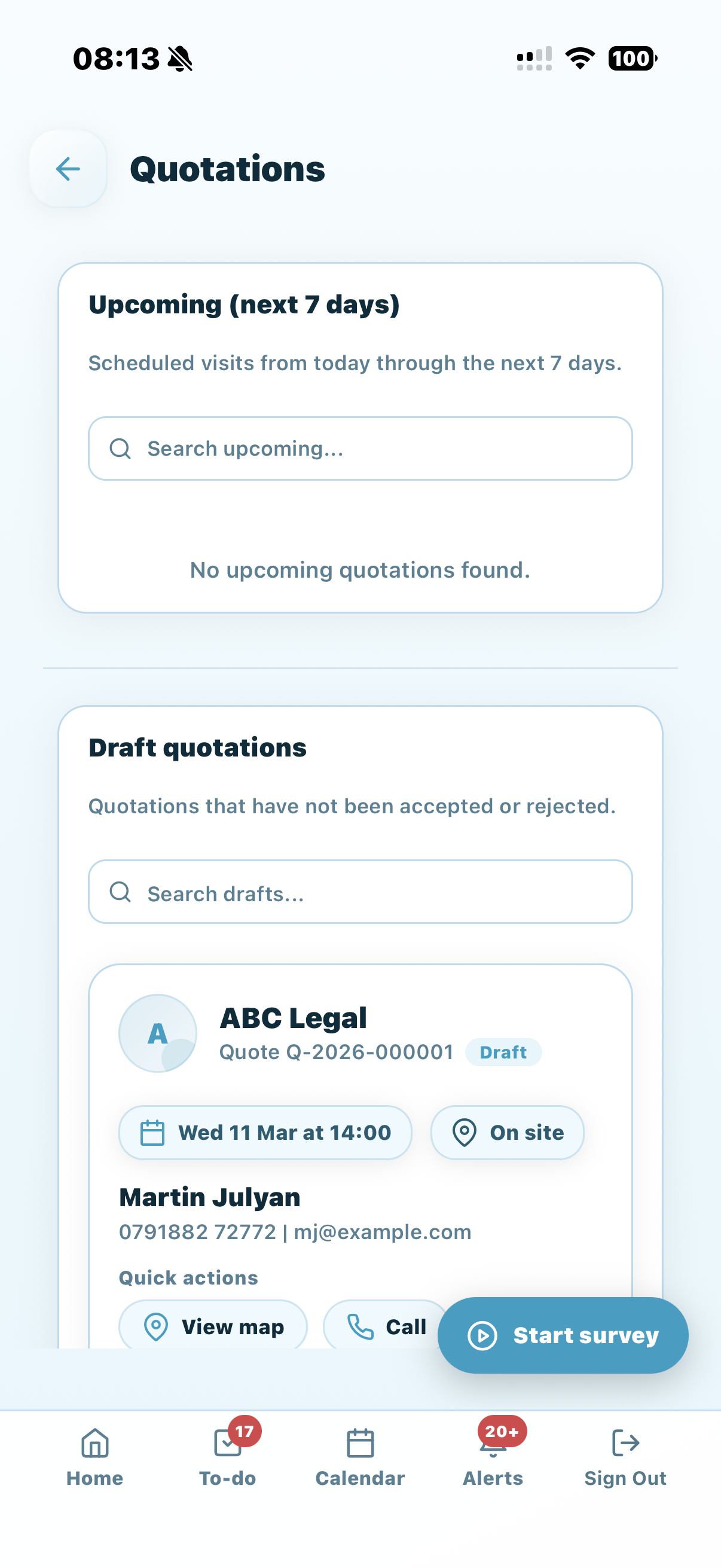 KleanFlo On the Move quotation list with start survey action