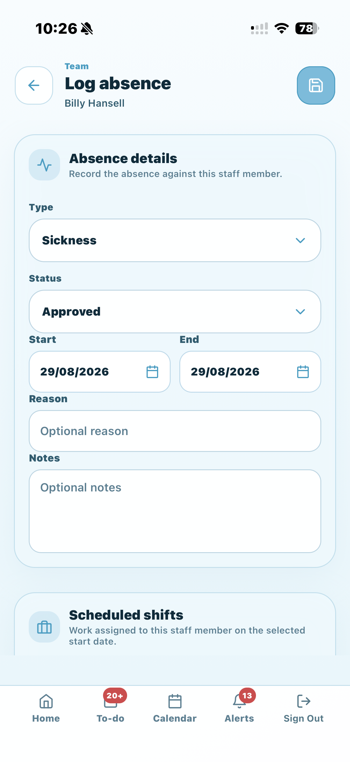 KleanFlo mobile app log absence screen for a cleaner